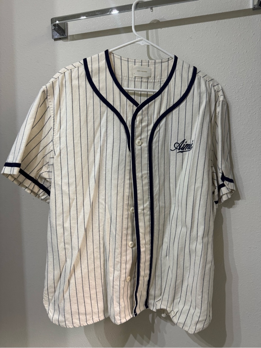 Aime Leon Dore Cream Baseball Jersey with Navy Pinstripes